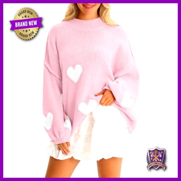 Oversized Heart Sweater Chunky Knit Mock Neck Long Sleeve Tunic Y2K - Picture 2 of 7